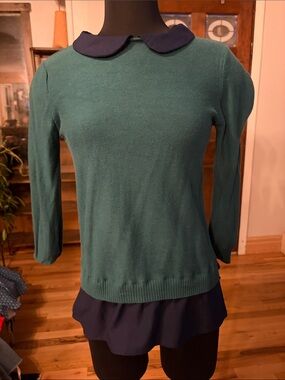 Modcloth Teal Green Crewneck Sweater with Navy Peter Pan Collar